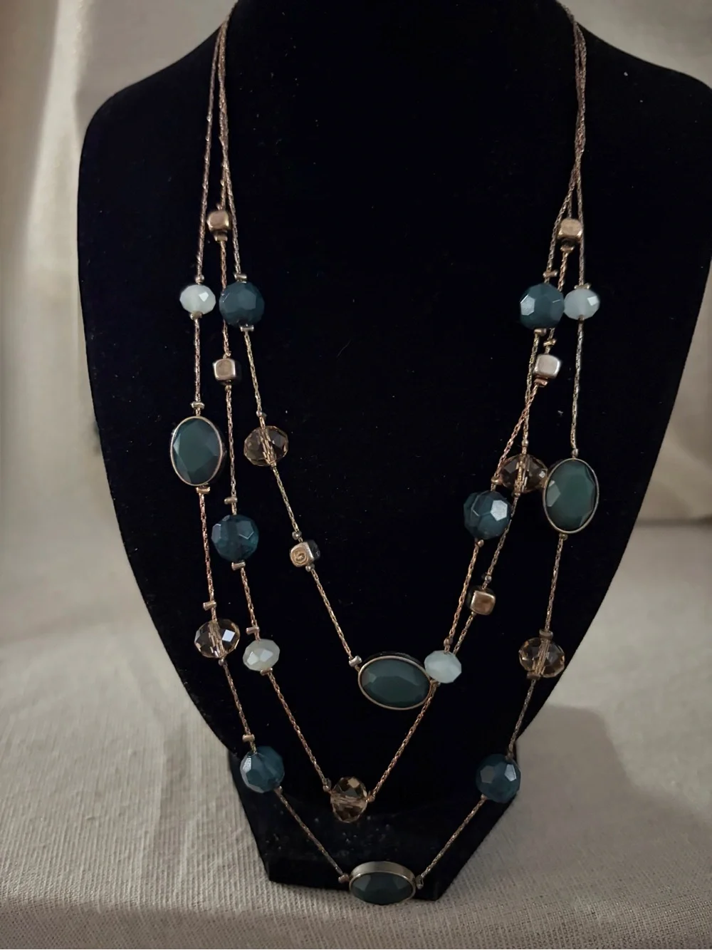 Multi-Strand Teal and Gold Tone Beaded Necklace - Women Jewelry